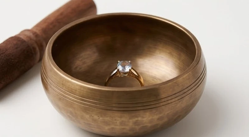 Nhẫn phong thủy tuổi Thìn: Chọn tay đeo & cách đo size chuẩn 14 Chiếc nhẫn đá quý được đặt cẩn thận vào lòng chuông xoay Tây Tạng để thanh tẩy năng lượng