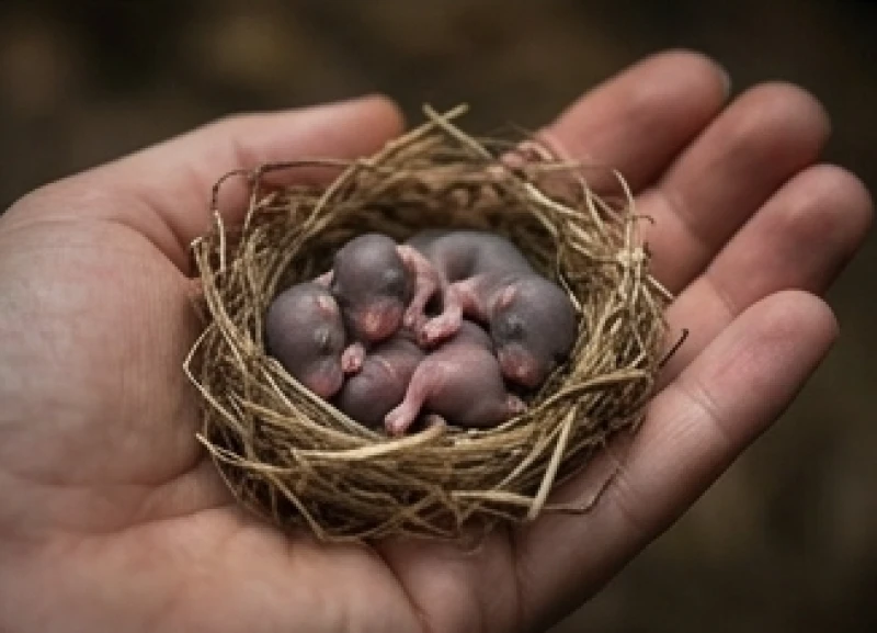 Ổ chuột con mới đẻ đỏ hỏn nhắm nghiền mắt nằm lọt thỏm trong lòng bàn tay người