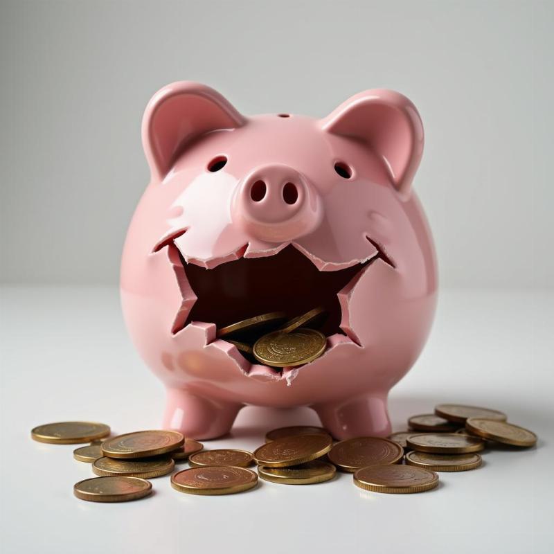 A broken piggy bank with coins scattered around