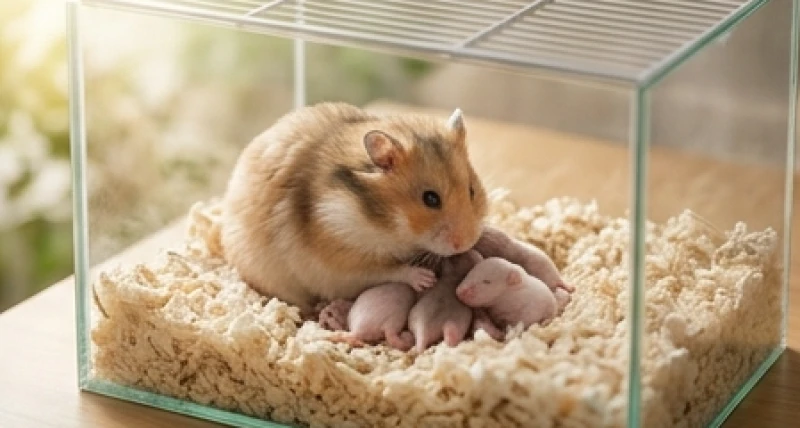 Một con chuột Hamster béo mập đang chăm sóc bầy con nhỏ trong một chiếc lồng kính sạch sẽ