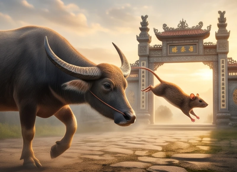 Chuột nhảy dứt khoát từ lưng trâu xuống đất để chạm tới cổng thiên môn đầu tiên