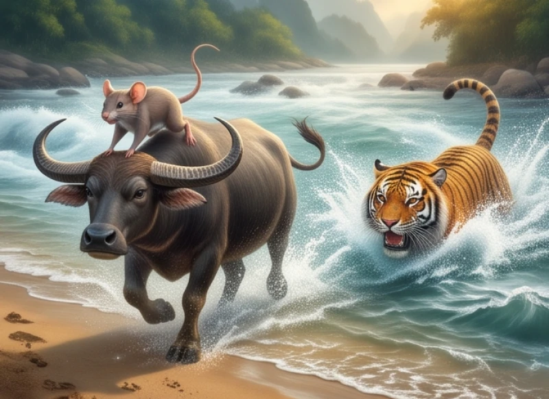 Chuột thông minh nhảy khỏi đầu trâu để cán đích trước tiên trong khi hổ đang bơi sát ở phía sau