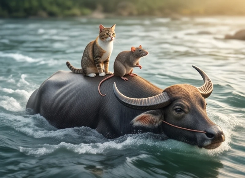 Chú mèo và chuột cùng ngồi trên lưng một con trâu nước khổng lồ đang từ từ bơi qua dòng sông xiết