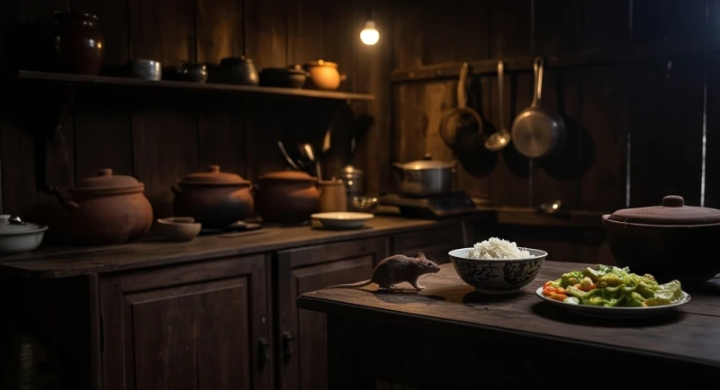 Một góc bếp truyền thống mờ tối có bóng chuột đang rình rập tìm kiếm thức ăn thừa