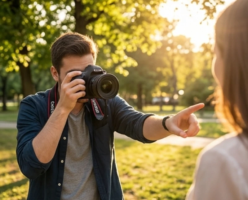 Mơ thấy chụp ảnh: Giải mã điềm báo tâm lý và sổ mơ tài lộc 2 Một người đang cầm máy ảnh lấy nét chụp cho bạn bè trong bối cảnh ánh sáng mặt trời ấm áp chiếu qua tán lá