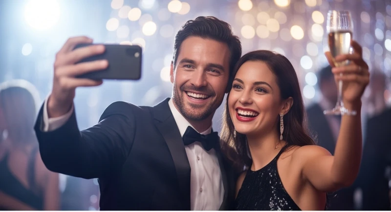 Hai người đang vui vẻ chụp ảnh selfie dưới ánh đèn lấp lánh phản ánh cơ hội mở rộng quan hệ