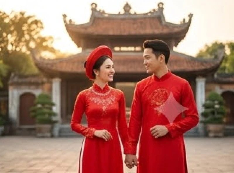 Cô dâu chú rể tuổi Tỵ rạng rỡ trong trang phục cưới truyền thống tại một ngôi chùa cổ kính thanh tịnh