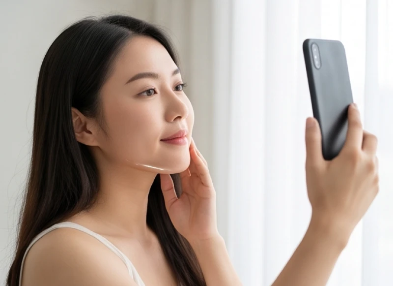 Cô gái tự chụp ảnh khuôn mặt ở góc nghiêng 90 độ để phân tích lượng mỡ thừa tại vùng tướng hai cằm