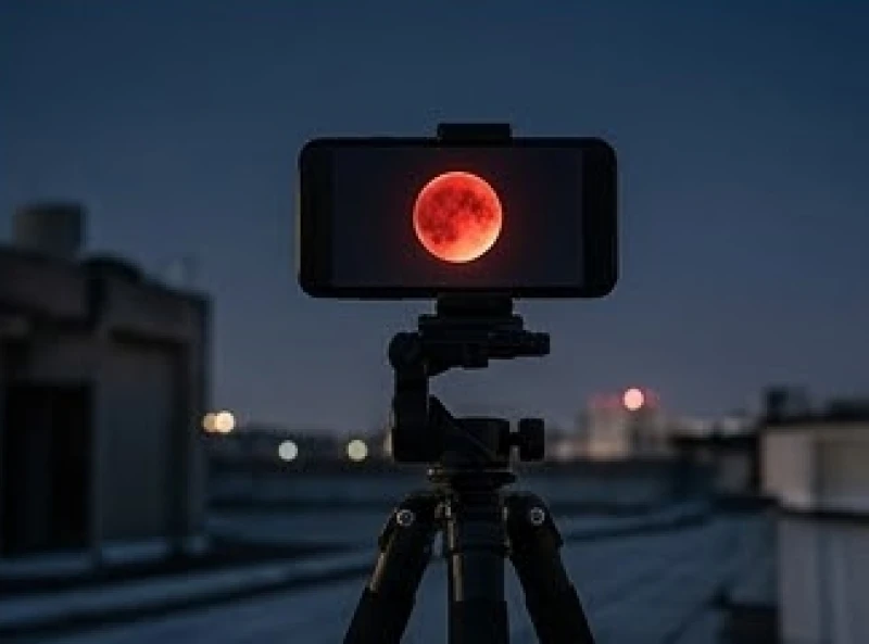 Trăng máu là điềm gì: Giải mã điềm báo và kiêng kỵ dân gian 10 Điện thoại thông minh gắn trên chân đế tripod đang phơi sáng để chụp lại khối cầu đỏ thẫm trên bầu trời