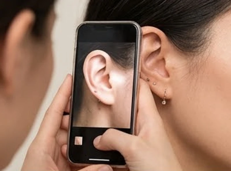 Dùng camera điện thoại chụp lại hình ảnh nốt ruồi sau tai để theo dõi