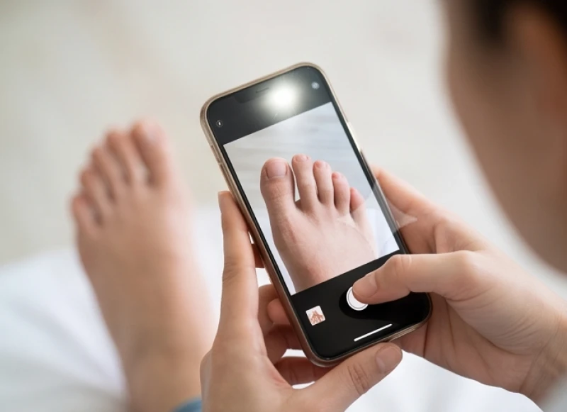 Bàn tay đang cầm điện thoại thông minh bật đèn flash để chụp lại vùng da kẽ chân giúp theo dõi định kỳ