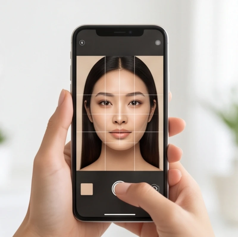 Màn hình điện thoại hiển thị đường lưới camera sau đang căn chỉnh tỷ lệ khuôn mặt của một cô gái