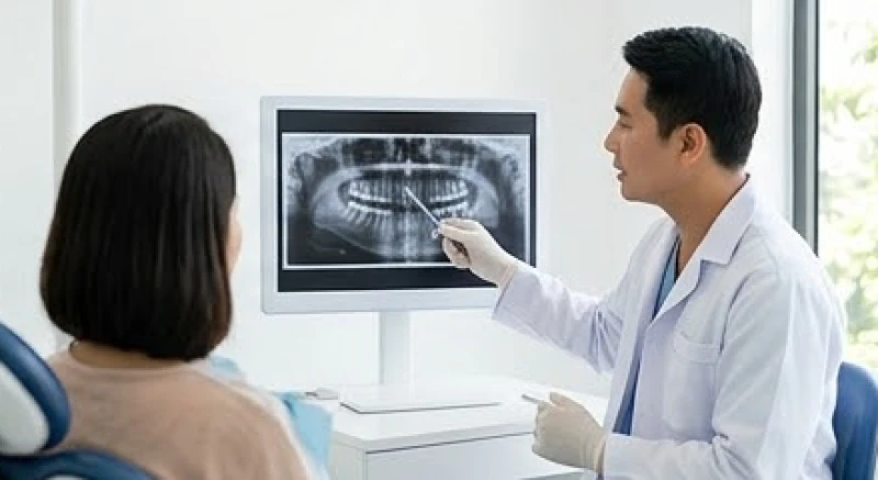 Bệnh nhân đang được nha sĩ phân tích hình ảnh phim chụp X-quang toàn hàm để đánh giá mức độ tiêu xương
