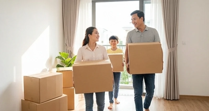 Các thành viên trong gia đình đang vui vẻ chuyển những thùng đồ đạc đầu tiên vào không gian nhà mới