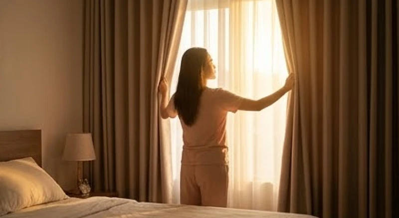 Người phụ nữ mở tung rèm cửa sổ đón ánh nắng ban mai rực rỡ tượng trưng cho sự thanh tẩy năng lượng