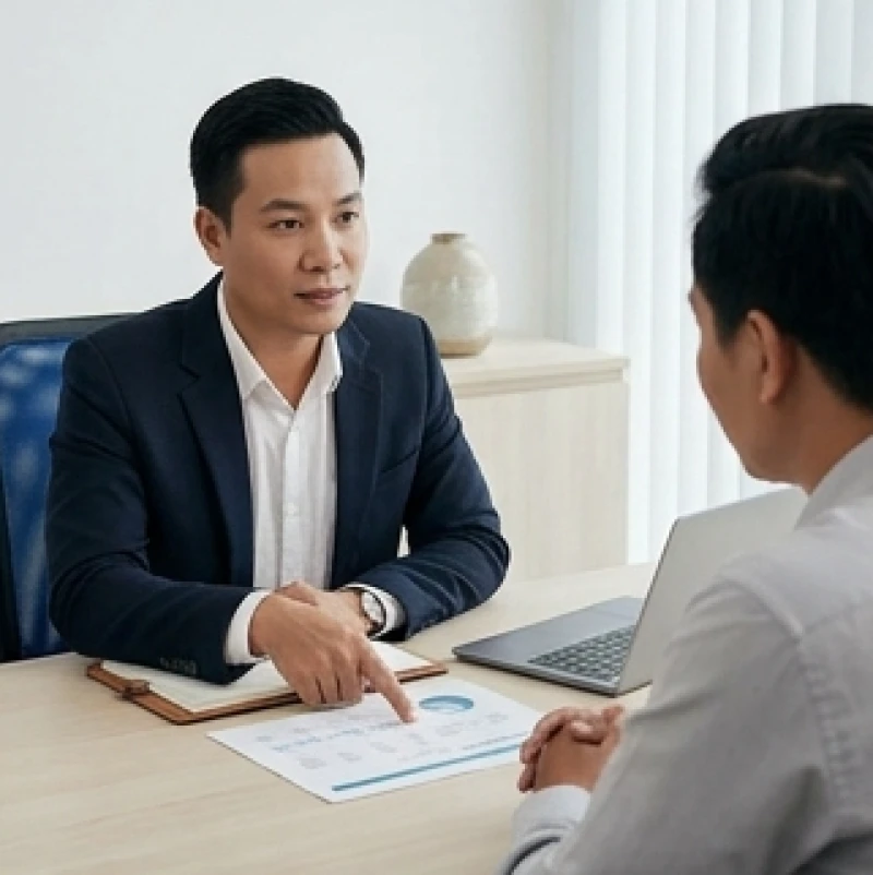 Nhân viên tư vấn giải thích chi tiết gói giải pháp rủi ro tài chính cho khách hàng