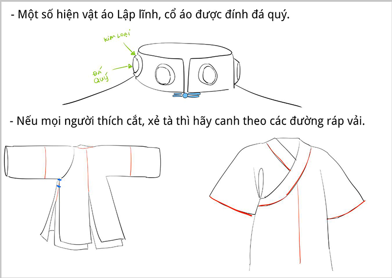 Một số hiện vật áo lập lĩnh, cổ áo được đính đá quý. Áo có thể cắt xẻ tà theo các đường ráp vải.