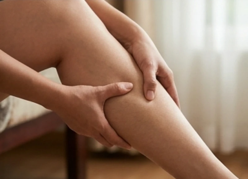 Cận cảnh một người đang dùng tay xoa nhẹ vùng bắp chân trái đang bị căng cứng sau khi vận động