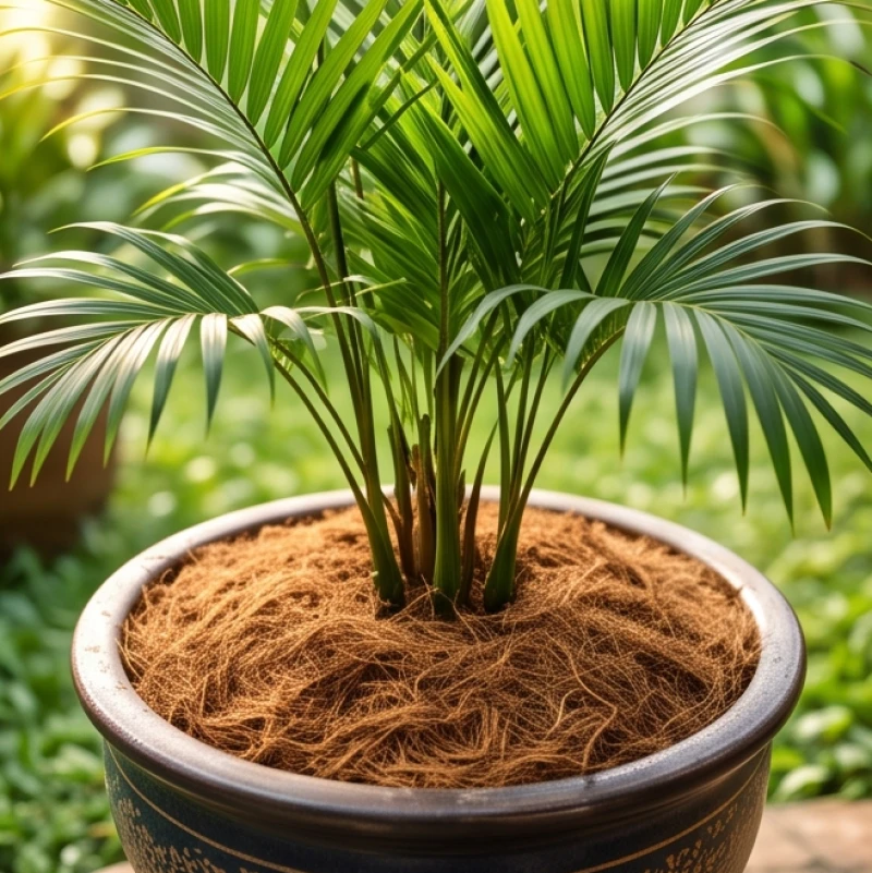 Chậu cây cọ cảnh được phủ một lớp xơ dừa dày trên bề mặt đất để giữ ẩm cho rễ