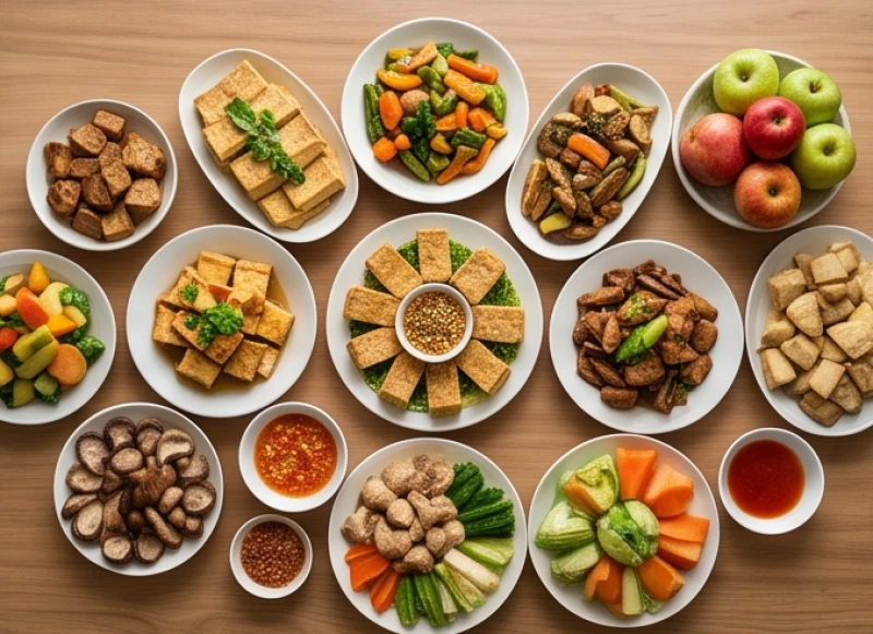 Mâm cỗ chay Việt Nam với các món rau củ và đậu hũ bày biện thanh tịnh trên bàn gỗ