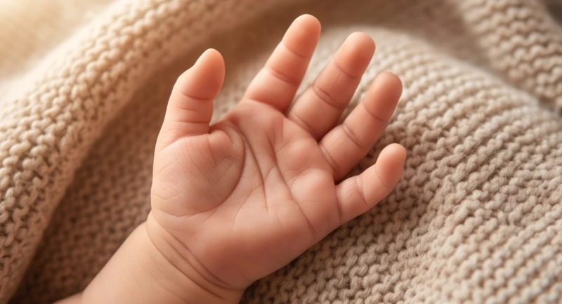 Bàn tay trẻ sơ sinh nhỏ bé đang xòe ra dưới ánh sáng ấm áp cho thấy các nếp gấp đã định hình