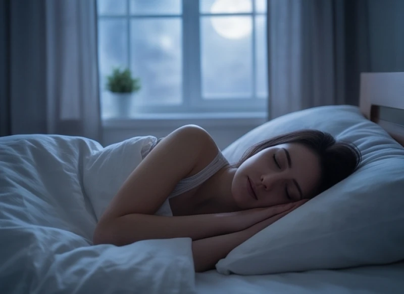 Gương mặt an tĩnh của một người đang chìm vào giấc ngủ sâu trong căn phòng ánh sáng dịu nhẹ