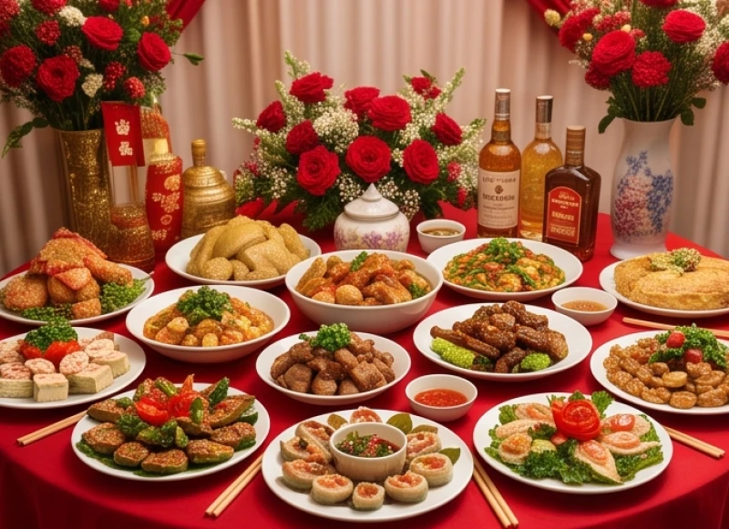 Mâm cỗ đám cưới Việt Nam linh đình với các món truyền thống, hoa trang trí đỏ rực trên bàn tiệc hỷ sự