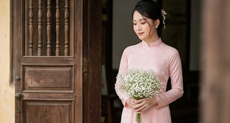 Cô dâu diện áo dài hồng pastel nhẹ nhàng cầm bó hoa cưới trong ngày làm lễ ăn hỏi