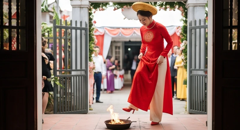 Đám cưới gặp đám ma là điềm gì: Cách nhường đường & hóa giải 5 Cô dâu mặc áo dài đỏ cẩn thận bước qua một chậu lửa nhỏ đặt ngay trên mặt đất trước cổng nhà trai