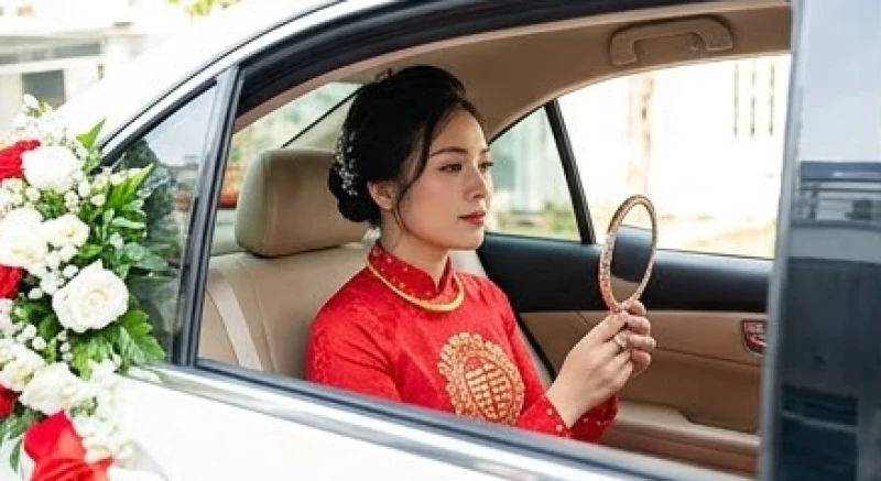 Tuổi Tuất Cưới Ngày Nào Tốt: Lịch 2026 Và Cách Hóa Giải 4 Cô dâu mặc áo dài truyền thống cẩn thận cầm một chiếc gương tròn nhỏ khi ngồi trên xe hoa về nhà chồng