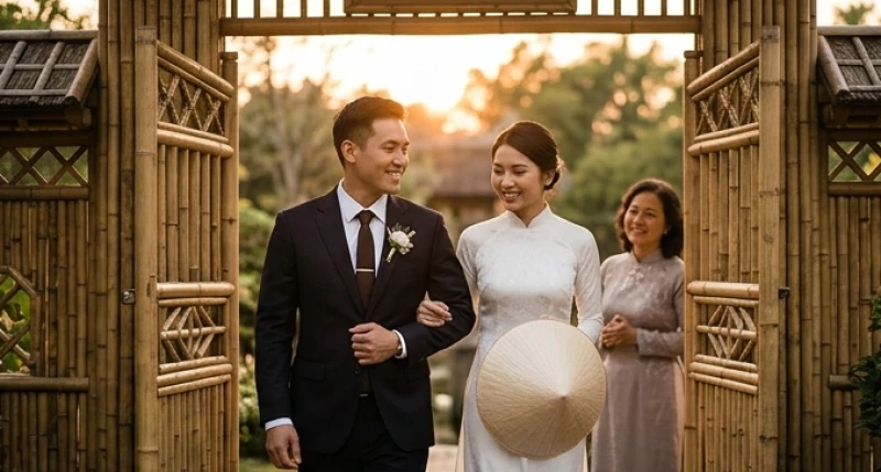 Tuổi Dần nên cưới vào năm nào: Cách tự tính Kim Lâu và mốc đại cát 13 Chú rể tươi cười dắt tay cô dâu bước qua cánh cổng tre mộc mạc, cô dâu nhẹ nhàng nâng chiếc nón lá che nghiêng duyên dáng
