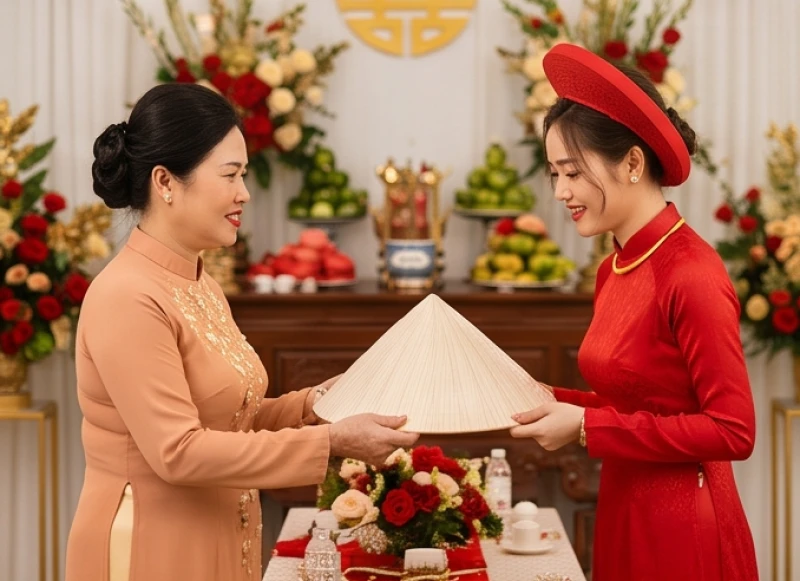 Mẹ chồng trao nón lá cho cô dâu trong nghi thức rước dâu truyền thống của người Việt