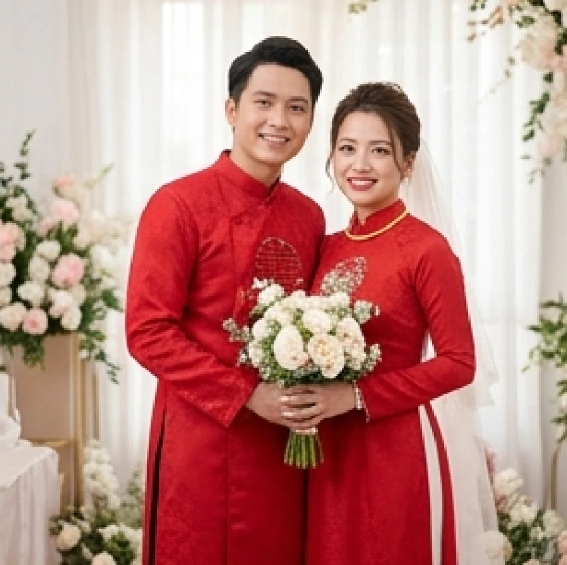 Cô dâu và chú rể rạng rỡ trong trang phục áo dài truyền thống màu đỏ khi thực hiện nghi thức nạp tài