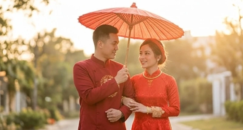 Tuổi Thân Cưới Ngày Nào Tốt: Bảng Tra Tháng và Loại Trừ Ngày Xung 6 Chú rể cẩn thận che chiếc ô đỏ truyền thống cho cô dâu khi bước ra khỏi cổng nhà gái