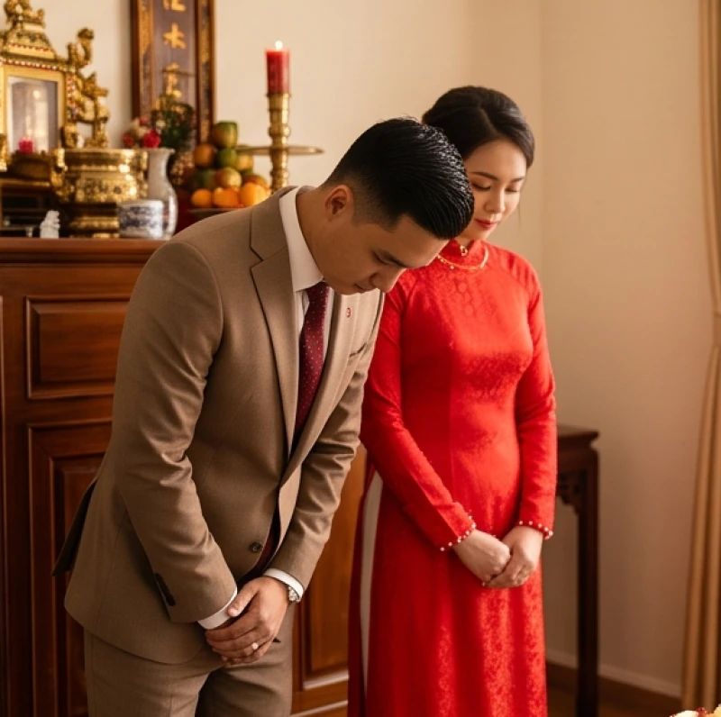 Văn khấn lễ cưới hỏi: Mẫu chuẩn từng nghi lễ và cách hành lễ 4 Chú rể đại diện hai họ lẩm nhẩm đọc lời khấn nguyện trước bàn thờ tổ tiên