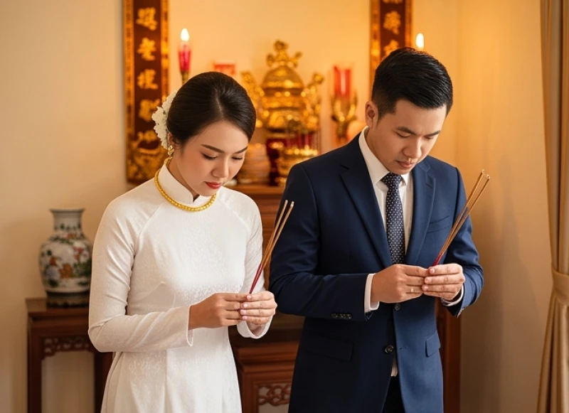 Văn khấn báo cáo gia tiên khi cưới hỏi: Bài cúng & trình tự 3 miền 7 Cô dâu và chú rể nâng nhang ngang trán, thành kính cúi lạy trước bàn thờ gia tiên trong ngày cưới