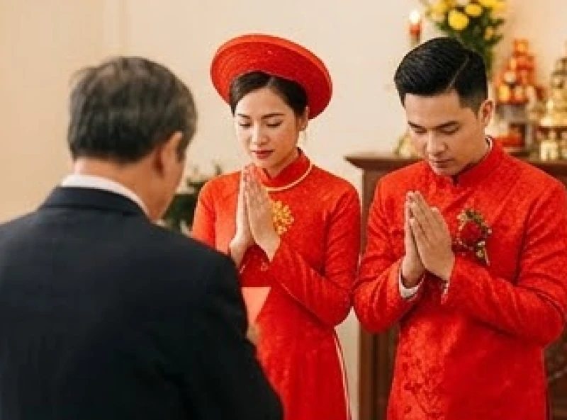 Cô dâu và chú rể chắp tay cúi đầu thành kính phía sau chủ lễ trong lúc đọc văn khấn gia tiên ngày cưới