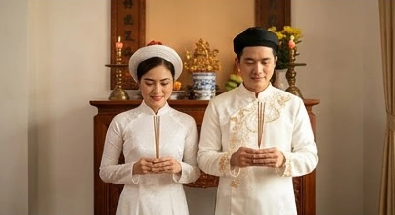 Cô dâu và chú rể trong trang phục áo dài truyền thống cùng nhau chắp tay thắp hương trước ban thờ tổ tiên