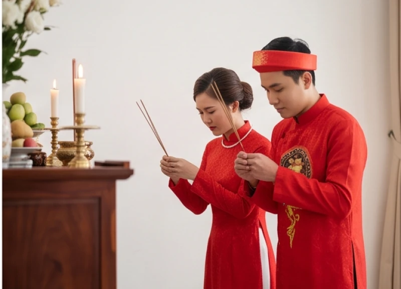 Cô dâu chú rể nâng nén hương ngang mày, cùng nhau vái lạy tổ tiên trong lễ đính hôn