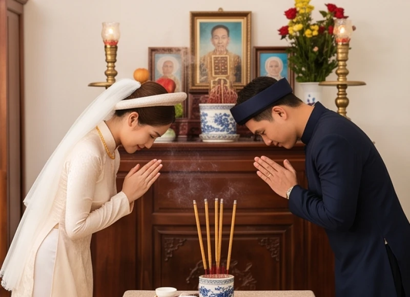 Cô dâu chú rể đang thực hiện nghi thức thắp hương và vái lạy trước bàn thờ gia tiên trong ngày cưới