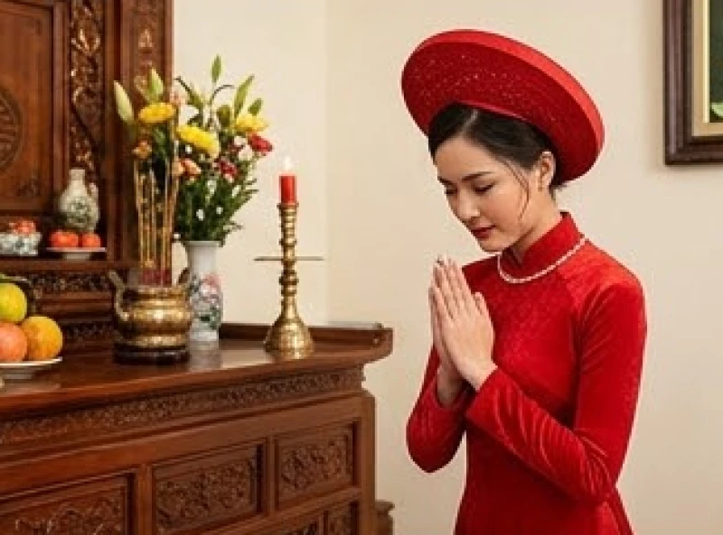 Văn khấn xin dâu chuẩn phong tục: Kịch bản và bài khấn chi tiết 7 Cô dâu mặc áo dài đỏ chắp tay cúi đầu khấn lạy báo hiếu tổ tiên và cha mẹ trước khi lên xe hoa