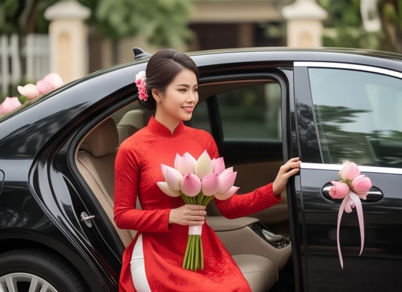 Cô dâu rạng rỡ ôm hoa sen tươi chuẩn bị bước lên xe hoa theo chồng