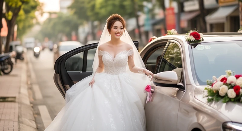 Cô dâu mặc chiếc váy cưới trắng lộng lẫy đang bước xuống từ xe hoa giữa phố