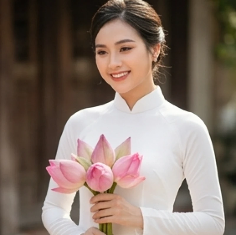 Tuổi Dần nên cưới vào năm nào: Cách tự tính Kim Lâu và mốc đại cát 7 Nữ mạng tuổi Mậu Dần duyên dáng mỉm cười trong chiếc áo dài cưới màu trắng tinh khôi, hai tay ôm trọn bó hoa sen hồng nhạt