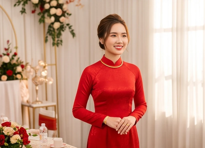 Chân dung cô dâu trẻ mặc áo dài lụa đỏ duyên dáng trong không gian trang trí tiệc cưới ấm cúng