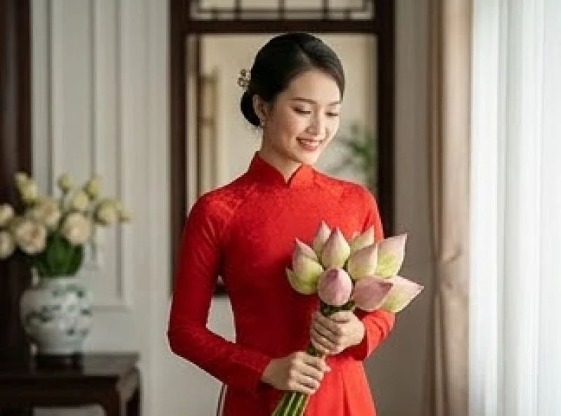 Cô dâu tuổi Mùi rạng rỡ trong bộ áo dài đỏ chuẩn bị cho nghi thức cưới hỏi vào năm hợp mệnh