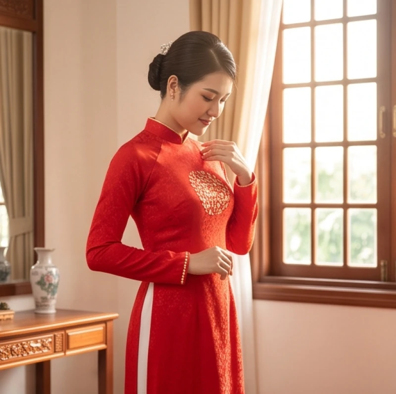 Cô dâu tuổi Tý duyên dáng trong bộ áo dài cưới truyền thống đang chuẩn bị cho ngày trọng đại