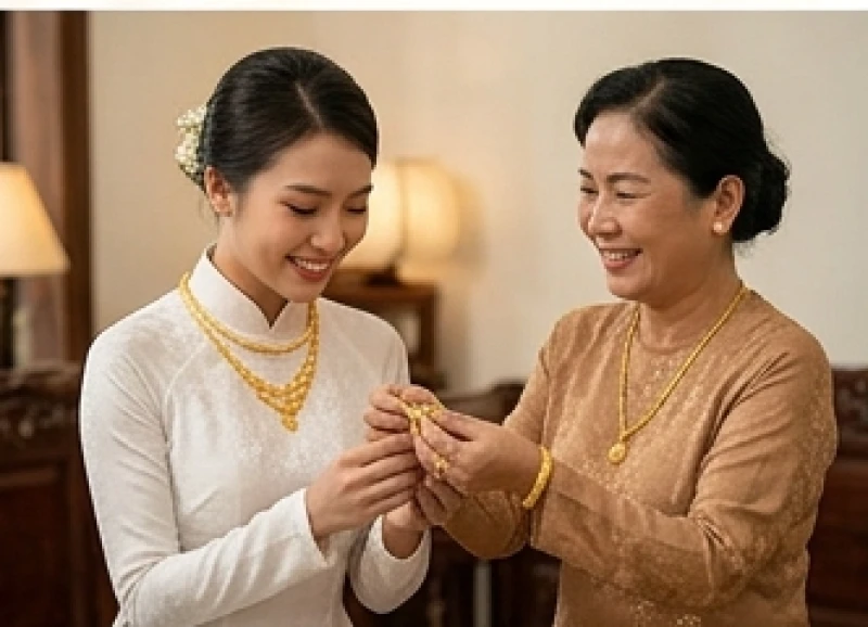 Tuổi Sửu nên cưới vào năm nào: Ma trận chọn năm & tháng tốt 9 Cô dâu mặc áo dài mỉm cười hạnh phúc bên mẹ chồng đang trao tặng trang sức vàng trong ngày rước dâu đầu tháng lành