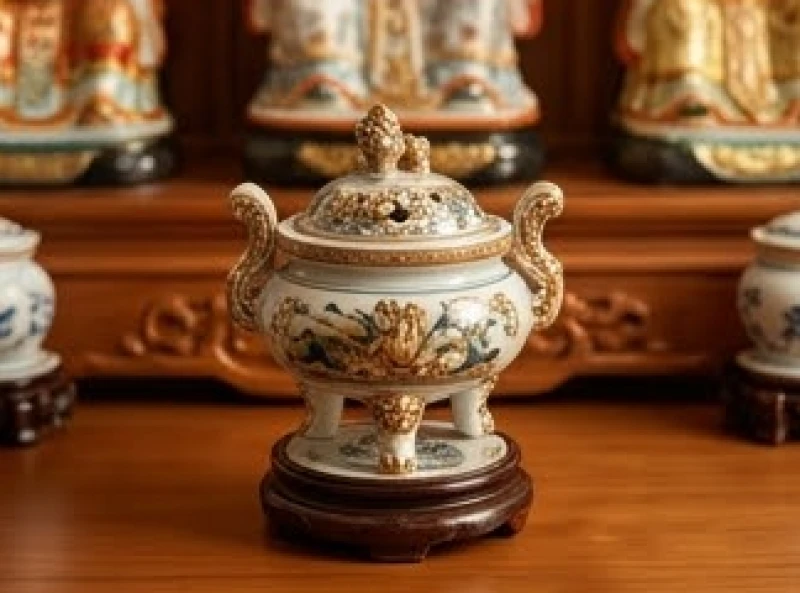 Bát hương bằng sứ tinh xảo được đặt cách mép bàn thờ một khoảng rộng rãi