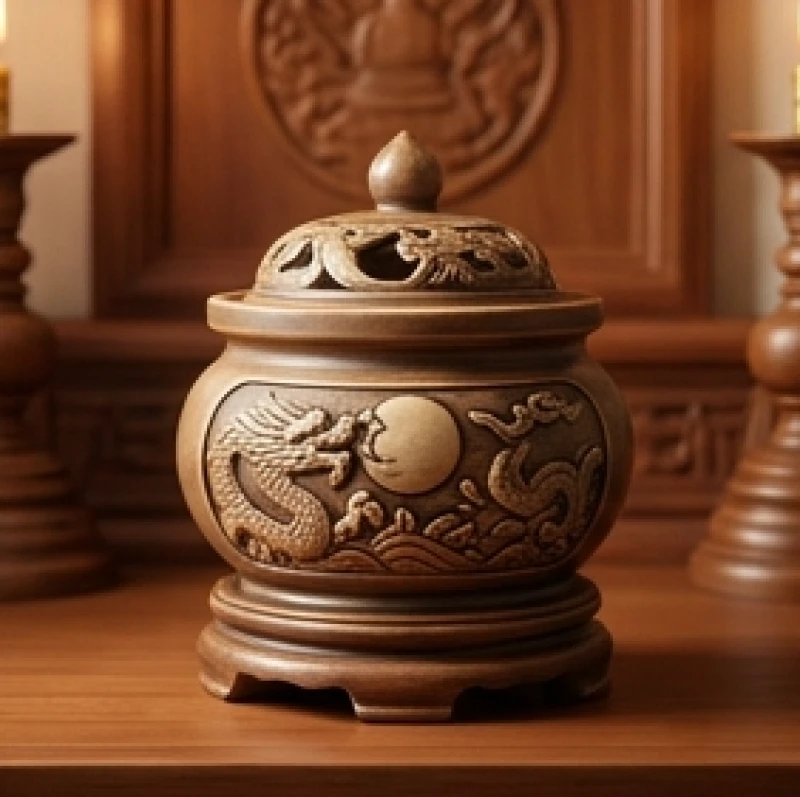 Bát hương gốm sứ in hình song long chầu nguyệt được đặt cố định vững chãi ở vị trí trung tâm bàn thờ